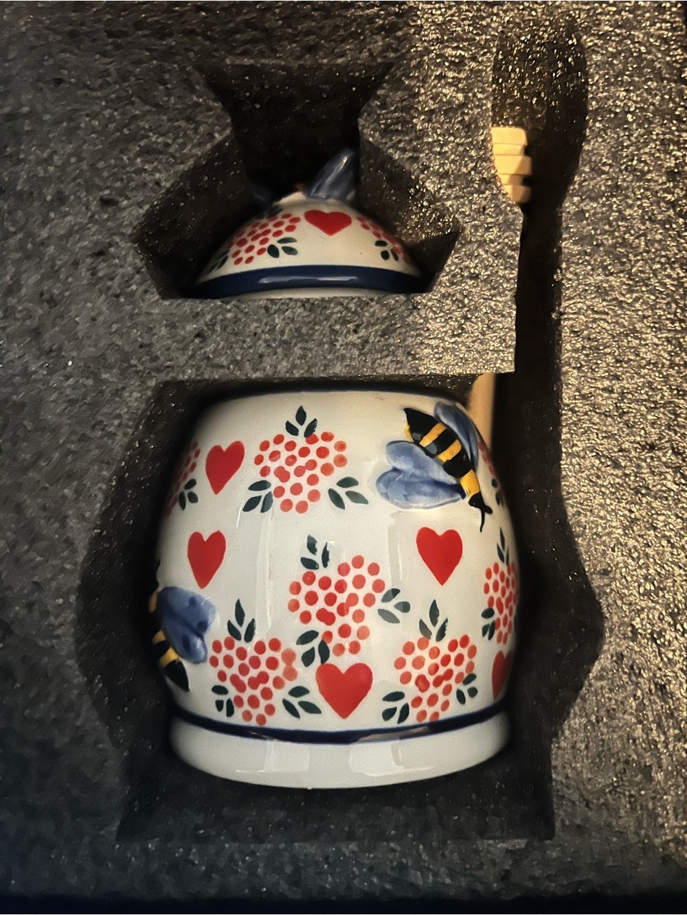 Ceramic Honey Pot with Red Hearts, Blue Bees & White Finish